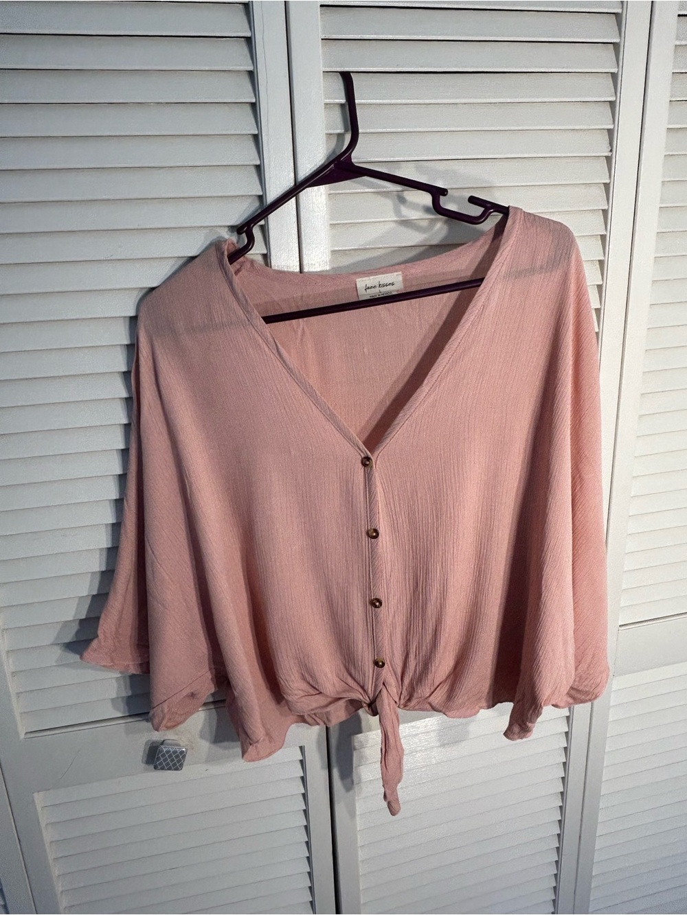 Free Kisses Blush Pink Button-Front Tie Hem Blouse